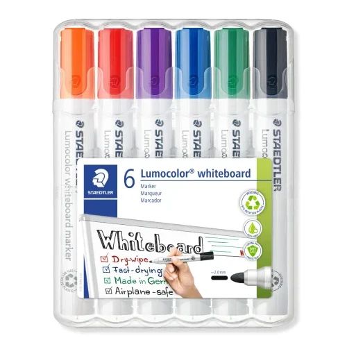 Комплект Маркери Staedtler Lumocolor 351 за бяла дъска, обли, 6 цвята