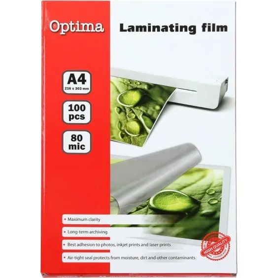 Фолио за ламиниране Optima А4, 80my, опаковка 100