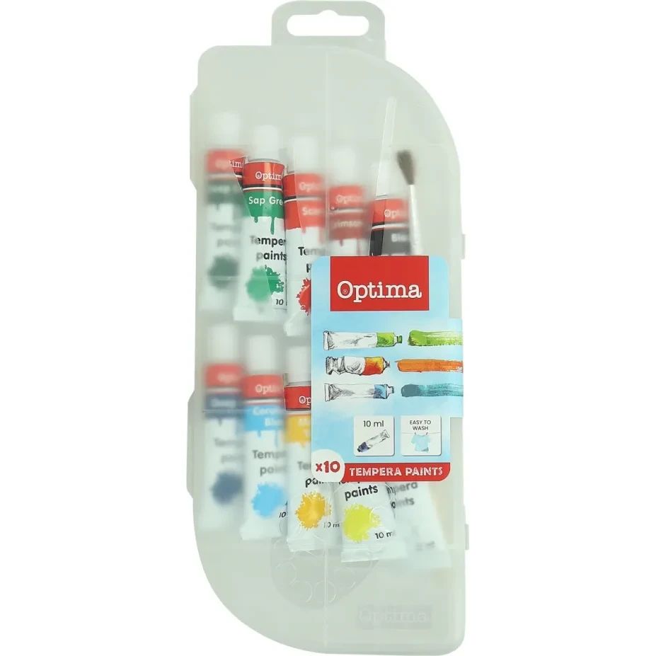 Темперни боички Optima, 10 цв x 10ml, пластмасова кутия