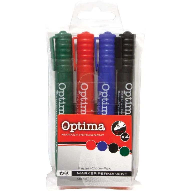 Комплект перманентен маркери Optima, объл връх, 4 цвята