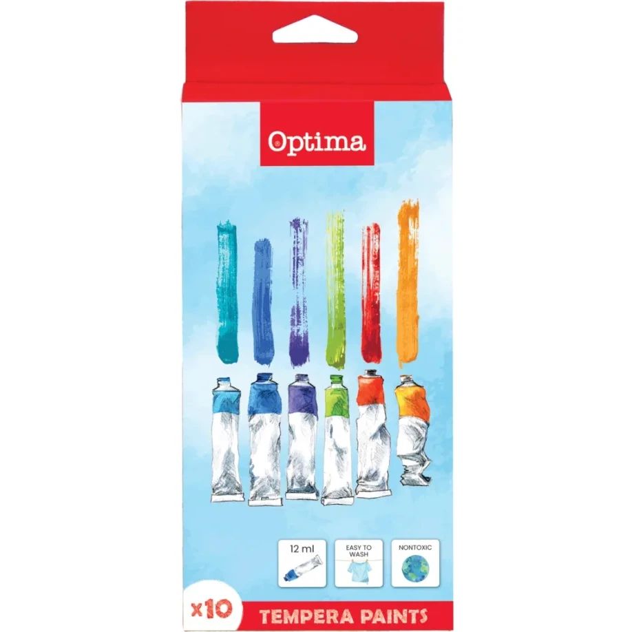 Темперни боички Optima, 10 цвята x 12 ml