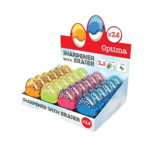 Острилка с гумичка Optima Fluo, дисплей 24 броя