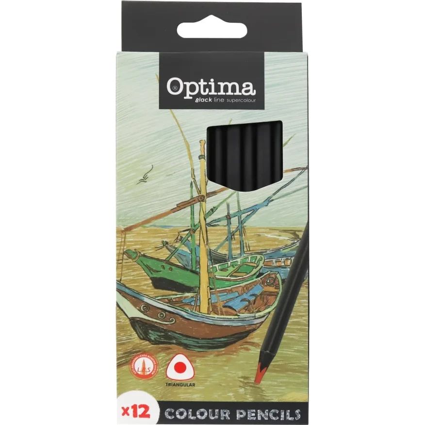 Цветни моливи Optima Black, триъгълни, 12 цвята
