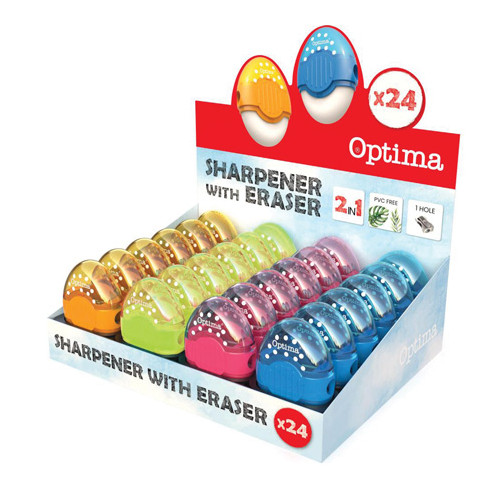 Острилка с гумичка Optima Fluo, блистер, асорти