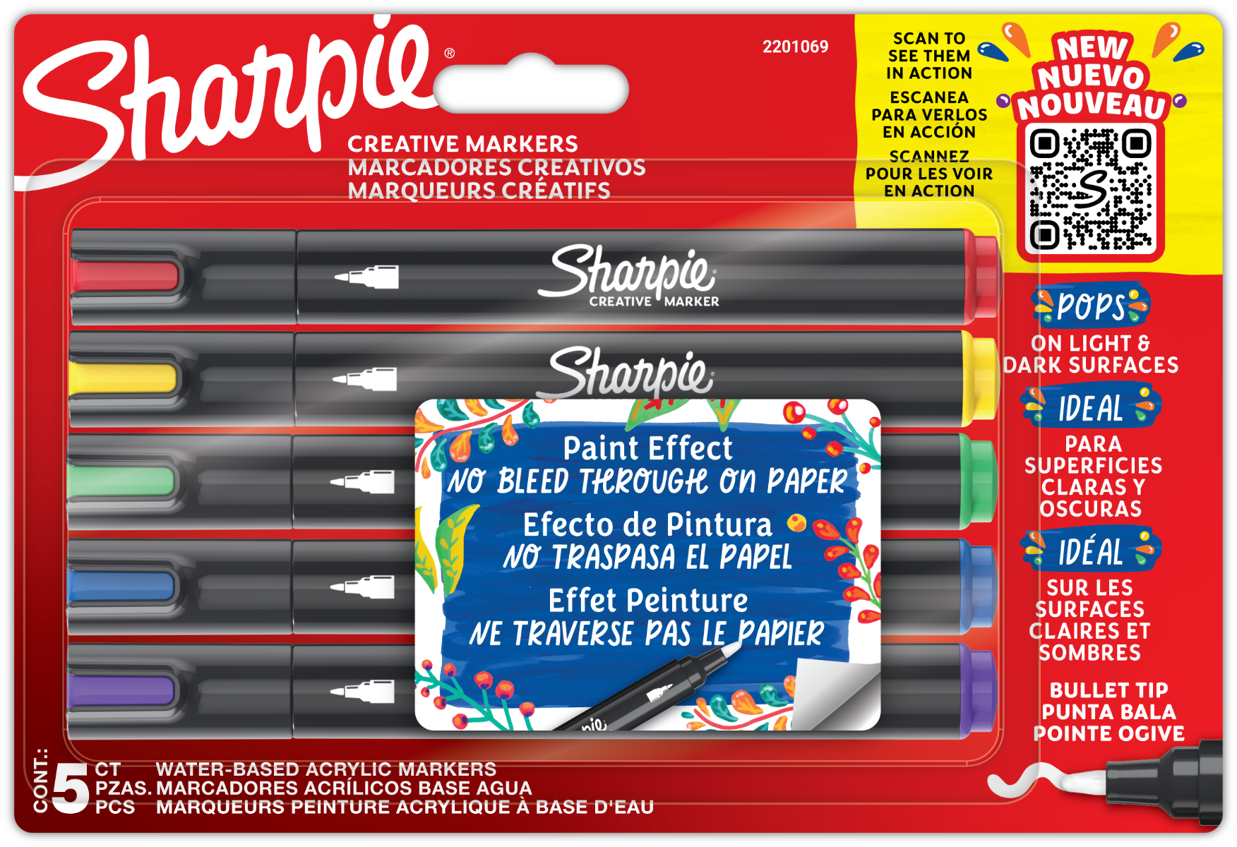 Компплект маркери Sharpie Acrylic, 5 цвята, блистер,стандартни цветове